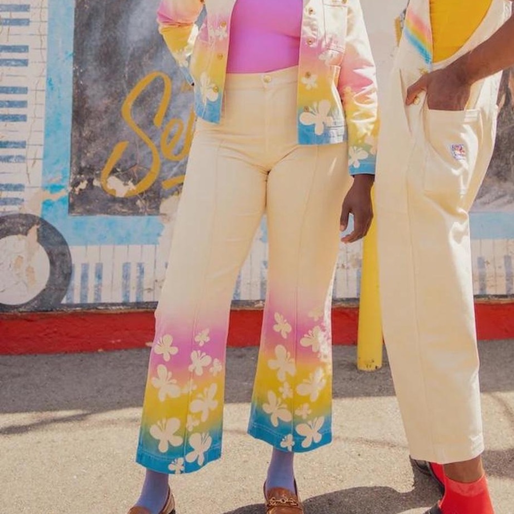 Big Bud Press Western Pants Airbrush Butterflies Cream Pastel Rainbow Wide Leg